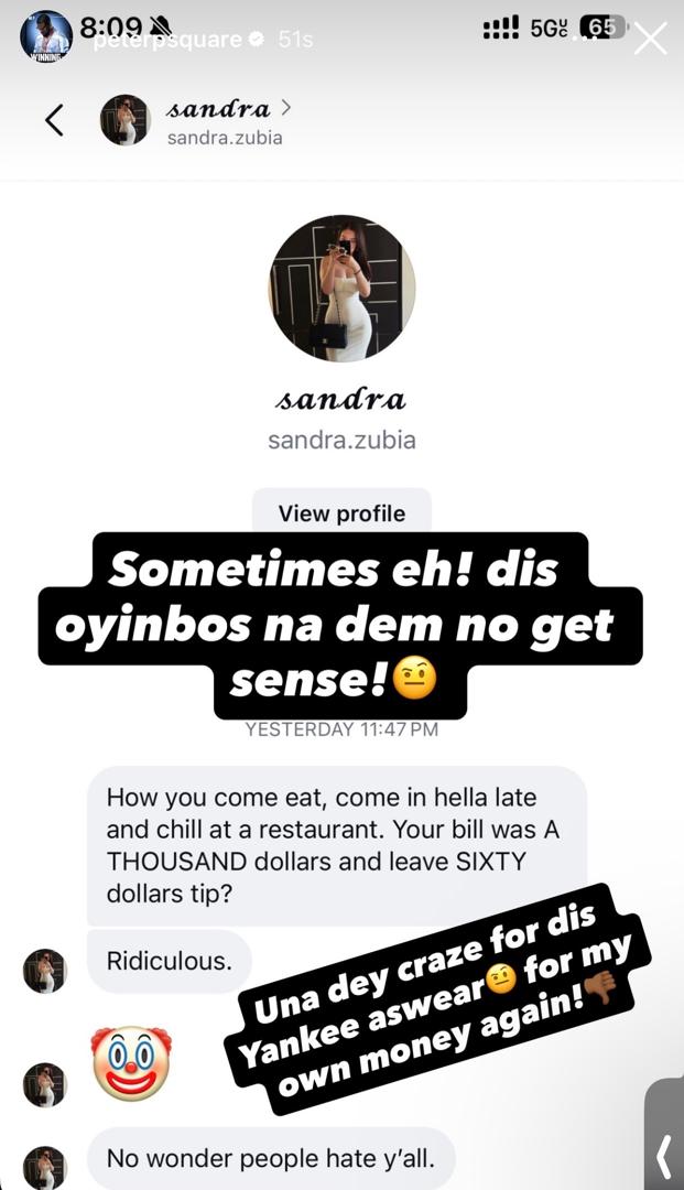 Singer Peter Okoye reacts after a waitress in a US restaurant slid into his DM over the ?small? tip he left behind